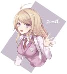  1girl :d ahoge akamatsu_kaede bangs blonde_hair blush breasts collared_shirt dangan_ronpa_(series) dangan_ronpa_v3:_killing_harmony eighth_note grey_background hair_ornament hand_up juugonichi_(wheeliex2) long_hair long_sleeves looking_at_viewer musical_note musical_note_hair_ornament necktie open_mouth pink_eyes pink_sweater_vest pink_vest shirt smile solo sweater_vest transparent_background upper_body upper_teeth vest violet_eyes 