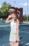  1girl ball bare_arms bare_shoulders blush brown_hair brown_headwear day hand_up high_ponytail highres holding long_hair looking_at_viewer luicent original outdoors parted_lips pleated_skirt ponytail racket shirt skirt sleeveless sleeveless_shirt solo sportswear sweat tennis tennis_ball tennis_court tennis_net tennis_racket tennis_uniform visor_cap white_shirt white_skirt 
