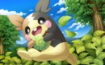  clouds commentary_request day fang gen_8_pokemon hakuginnosora highres holding leaf morpeko morpeko_(full) no_humans open_mouth outdoors pokemon pokemon_(creature) sky smile solo tongue tree 