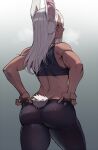  1girl adjusting_clothes animal_ears ass bare_shoulders blush boku_no_hero_academia bunny_tail dark-skinned_female dark_skin from_behind highres long_hair looking_at_viewer mirko mr._skull pants rabbit_ears rabbit_girl red_eyes solo sports_bra sweat tail thighs tight tight_pants toned white_hair yoga_pants 
