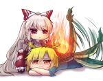 2girls bangs blonde_hair blue_shirt bow chibi clenched_teeth commentary_request crossed_arms dragon_horns dragon_tail eyebrows_visible_through_hair fire fujiwara_no_mokou green_skirt hair_between_eyes hair_bow hand_on_own_knee horns index_finger_raised kicchou_yachie long_hair long_sleeves lying motion_lines multiple_girls ofuda ofuda_on_clothes on_stomach one-hour_drawing_challenge orange_eyes pants red_bow red_eyes red_pants shirt shoes short_hair short_sleeves simple_background skirt squatting suspenders sweatdrop tail tail_wagging teeth touhou triangle_mouth turtle_shell unime_seaflower white_background white_hair white_shirt