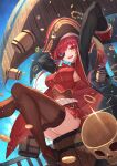  1girl :d arms_up bangs belt black_legwear boots breasts coat coin cup eyepatch hat highres hololive houshou_marine jewelry looking_at_viewer moco_(moco_28) navel open_mouth orange_eyes pirate_hat pleated_skirt redhead ring see-through sitting skirt sleeves_past_wrists smile solo thigh-highs twintails virtual_youtuber 