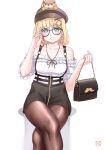  1girl bag black-framed_eyewear black_skirt blonde_hair blue_eyes blush breasts brown_headwear brown_legwear cabbie_hat collarbone crossed_legs earrings english_commentary feet_out_of_frame finalcake frilled_shirt frills glasses grin hair_ornament hairclip hat heart heart_earrings highres holding holding_bag hololive hololive_english invisible_chair jewelry key_necklace looking_at_viewer medium_breasts miniskirt necklace off-shoulder_shirt off_shoulder official_alternate_costume pantyhose round_eyewear shirt shirt_tucked_in short_hair simple_background sitting skirt smile solo suspender_skirt suspenders teeth virtual_youtuber watson_amelia white_background white_shirt 