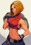  1girl belt blonde_hair blue_eyes blue_gloves blue_mary blue_pants cropped_shirt fatal_fury fingerless_gloves gloves hand_on_hip hankuri hankuri lips looking_to_the_side midriff muscular muscular_female navel pants red_shirt shirt short_hair solo the_king_of_fighters 