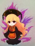  1girl bangs belt black_dress black_headwear black_sleeves chinese_clothes crescent dress energy eyebrows_visible_through_hair grey_background hair_between_eyes hat junko_(touhou) long_hair long_sleeves open_mouth orange_hair pom_pom_(clothes) red_belt red_eyes rei_(tonbo0430) simple_background smile solo standing touhou yellow_neckwear 