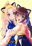  2girls absurdres animal_ears belt black_hair blonde_hair blue_bodysuit blue_eyes blue_hakama blue_scrunchie bodysuit breasts brown_belt brown_eyes cat_ears commentary_request eyebrows_visible_through_hair floral_print forehead hair_ornament hair_scrunchie hakama high_ponytail highres ikeda_tsukasa japanese_clothes kemonomimi_mode kimono long_hair looking_at_viewer loose_belt low_ponytail medium_breasts multiple_girls obi open_mouth print_kimono sarah_bryant sash scrunchie sleeveless_bodysuit smile symmetrical_hand_pose turning_head umenokouji_aoi upper_teeth virtua_fighter wide_sleeves yellow_background 