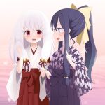  2girls arima_mizuki arima_yuzu bell blush bow commentary_request fang hair_bow hair_ornament hakama hakama_skirt highres holding_hands japanese_clothes jingle_bell kimono kuronekogata long_hair miko multiple_girls open_mouth ponytail purple_hair purple_hakama purple_kimono red_eyes red_hakama ribbon smile tsuki_kagerou violet_eyes white_hair white_kimono 