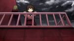  1girl bangs bibitto_(kemushima3) brown_hair closed_eyes clouds cloudy_sky commentary_request cowboy_shot leaning_on_rail long_hair looking_at_viewer madotsuki no_mouth outdoors pink_shirt railing rain red_skirt rooftop shirt skirt sky solo yume_nikki 