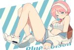  arknights bare_legs blue_poison_(arknights) blue_poison_(shoal_beat)_(arknights) character_name choker coldcat. commission ear_piercing full_body hairband highres jacket medium_hair midriff navel o-ring o-ring_choker off_shoulder piercing pink_choker pink_hair second-party_source shoes short_shorts shorts sports_bra white_footwear white_hairband white_jacket white_shorts white_sports_bra 