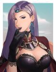  1girl a_(user_vtsy8742) black_gloves blue_eyes breasts cape earrings fire_emblem fire_emblem_echoes:_shadows_of_valentia gloves hair_ornament hand_on_own_face highres jewelry lips long_hair looking_at_viewer purple_hair solo solo_focus sonya_(fire_emblem) 