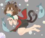  1girl ahoge animal_ear_fluff animal_ears barefoot bell black_shorts blush bow bowtie braid brown_eyes brown_hair cat_ears cat_tail chen citrus_(place) dress fish food_in_mouth french_braid full_body green_neckwear green_trim grey_background heart heart_tail jewelry jingle_bell mouth_hold multiple_tails nekomata no_hat no_headwear paw_pose red_dress short_hair shorts simple_background single_earring solo tail toes touhou two_tails 