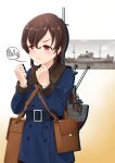  1girl bag blue_coat braid brown_hair clenched_hands coat commentary_request cowboy_shot furatto gradient gradient_background highres kantai_collection long_hair machinery messenger_bag orange_eyes photo_(object) shoulder_bag single_braid solo souya_(icebreaker) souya_(kancolle) 