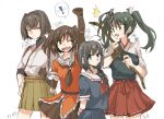  ! 4girls ahoge arm_up arms_behind_back bangs bow_(weapon) braid breasts brown_hair character_name closed_mouth green_hair hair_ribbon hakama hakama_skirt hands_on_hips holding holding_bow_(weapon) holding_weapon hyuuga_(kancolle) japanese_clothes kantai_collection long_hair mido006 multiple_girls muneate open_mouth ribbon sailor_collar school_uniform sendai_(kancolle) serafuku shigure_(kancolle) short_hair simple_background single_braid skirt spoken_exclamation_mark sweat twintails two_side_up weapon white_background zuikaku_(kancolle) 