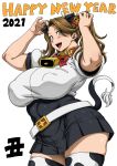  1girl 2021 animal_ear_headwear animal_ears animal_print arms_up bell belt blush bow bowtie breasts brown_eyes brown_hair chinese_zodiac collar covered_nipples cow_ears cow_horns cow_print cow_tail cowbell cowboy_shot eyebrows_visible_through_hair gundam gundam_build_fighters gundam_build_fighters_try hairband happy_new_year highres horns jun_(rojiura_jack) large_breasts long_hair looking_at_viewer looking_to_the_side neck_bell new_year open_mouth pleated_skirt plump pocket sazaki_kaoruko shadow short_sleeves skirt solo standing tail thick_thighs thigh-highs thighs twintails white_background wing_collar year_of_the_ox 