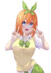  1girl :d absurdres bangs blue_eyes blush bow bowtie breasts collarbone collared_shirt commentary_request contrapposto cowboy_shot double_v eyebrows_visible_through_hair go-toubun_no_hanayome green_neckwear green_ribbon green_skirt hair_between_eyes hair_ribbon hands_up highres huge_filesize kyaro_(carrot) large_breasts looking_at_viewer medium_hair nakano_yotsuba open_mouth orange_hair pleated_skirt ribbon school_uniform shirt short_sleeves sidelocks simple_background skirt smile solo standing sweater sweater_vest teeth v white_background white_shirt yellow_sweater 