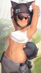  1girl absurdres animal_ear_fluff animal_ears armpits arms_up bangs baseball_cap belt black_belt black_hair black_headwear blush breasts bug butterfly collarbone commentary_request cowboy_shot dark-skinned_female dark_skin gloves grey_pants hair_between_eyes hat highres insect looking_at_viewer mathew_(srmmk_mce) navel one_eye_closed original outdoors pants parted_lips red_eyes short_hair small_breasts solo sports_bra standing stomach sweat tail white_gloves 