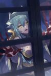  1girl against_glass against_window bikini blood blood_on_face bloody_hands blush bow breast_press breasts breasts_on_glass cis05 commentary_request dragon_girl dragon_horns eyebrows_visible_through_hair fate/grand_order fate_(series) frilled_bikini frills green_hair hair_between_eyes hair_bow horns japanese_clothes kimono kiyohime_(fate) kiyohime_(swimsuit_lancer)_(fate) long_hair looking_at_viewer medium_breasts multiple_horns obi off_shoulder open_mouth sash solo swimsuit wide_sleeves window yandere yellow_bikini yellow_bow yellow_eyes yellow_swimsuit 