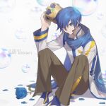  1boy 1c3ink3tk4n ;) bangs between_legs blue_eyes blue_flower blue_hair blue_rose closed_mouth coat crown dated flower grey_pants hair_between_eyes hand_between_legs happy_birthday headset kaito_(vocaloid) long_sleeves male_focus microphone one_eye_closed pants petals rose short_hair sitting smile solo vocaloid white_background white_coat 