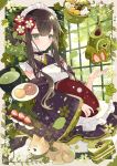  1girl absurdres aoi_yugina apron bangs black_kimono blush brown_eyes brown_hair cake cake_slice cat choker closed_mouth eyebrows_visible_through_hair flower flower_knot food frilled_choker frilled_sleeves frills hair_flower hair_ornament hand_up highres holding japanese_clothes kimono leaf long_hair long_sleeves looking_at_viewer maid maid_apron maid_headdress messy_hair off_shoulder original sidelocks sitting smile solo wa_maid wide_sleeves 