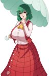  1girl ascot breasts collared_shirt frilled_skirt frills green_hair green_umbrella highres kakikorori kazami_yuuka large_breasts long_skirt long_sleeves open_clothes open_vest parasol plaid plaid_skirt plaid_vest red_eyes red_skirt red_vest shirt short_hair skirt skirt_set touhou umbrella vest wavy_hair white_background white_shirt yellow_neckwear 