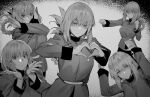  1girl bangs braid clenched_hands closed_mouth eyebrows_visible_through_hair fate/grand_order fate_(series) florence_nightingale_(fate) greyscale hands_up heart heart_hands highres hxd long_hair long_sleeves looking_at_viewer monochrome multiple_views 