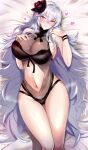  1girl azur_lane bangs bare_shoulders black_swimsuit blush breasts graf_zeppelin_(azur_lane) kumakichi_(cost-lost) large_breasts long_hair looking_at_viewer one-piece_swimsuit silver_hair swimsuit very_long_hair violet_eyes 