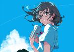  1girl black-framed_eyewear black_hair blue_eyes blue_sky book clouds collared_shirt glasses holding holding_book looking_at_viewer looking_back medium_hair neck_ribbon original outdoors pokimari red_neckwear red_ribbon ribbon shirt short_sleeves sky smile solo standing white_shirt 