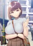  1girl bag breasts brown_eyes brown_hair commentary_request gentsuki hand_up handbag highres large_breasts light_smile looking_at_viewer original raised_eyebrows short_hair smile solo watch 