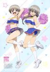  2girls absurdres armpits ass breasts buruma cheerleader clothes_lift highres kneehighs looking_at_viewer midriff mother_and_daughter multiple_girls no_bra panties pleated_skirt pom_poms skirt skirt_lift under_boob underwear uzaki-chan_wa_asobitai! uzaki_hana uzaki_tsuki white_legwear 