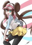  1girl :d ayakadegozans bangs black_legwear bow breasts bright_pupils brown_hair commentary_request double_bun eyelashes floating_hair green_eyes hair_between_eyes highres holding holding_poke_ball legwear_under_shorts long_hair open_mouth pantyhose pink_bow poke_ball poke_ball_(basic) pokemon pokemon_(game) pokemon_bw2 raglan_sleeves rosa_(pokemon) short_shorts shorts signature smile solo tongue twintails upper_teeth visor_cap white_pupils yellow_shorts 