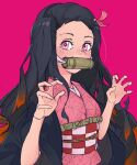  1girl asa_no_ha_(pattern) bamboo bit_gag black_hair black_haori checkered_obi elliemaplefox gag gradient_hair hair_ribbon hands_up japanese_clothes kamado_nezuko kimetsu_no_yaiba kimono long_hair looking_at_viewer multicolored_hair orange_hair pink_background pink_eyes pink_kimono pink_ribbon ribbon simple_background solo 