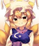  1girl animal_ears blonde_hair blush breasts dress fox_ears fox_tail grin hat highres looking_at_viewer medium_breasts multiple_tails nenobi_(nenorium) pillow_hat short_hair simple_background smile solo tabard tail touhou upper_body white_background white_dress yakumo_ran yellow_eyes 