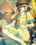  1girl abstract_background animal_ears bangs blonde_hair cabbie_hat commentary_request crossed_legs dango floppy_ears food food_in_mouth foot_out_of_frame hat looking_at_viewer midriff navel on_(_l0_) rabbit_ears red_eyes ringo_(touhou) shirt short_hair short_sleeves shorts solo touhou wagashi yellow_shirt yellow_shorts 