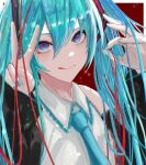  1girl bangs black_sleeves blue_hair blue_nails blue_neckwear closed_mouth detached_sleeves dress_shirt hair_between_eyes hatsune_miku highres holding holding_hair long_hair long_sleeves looking_at_viewer mourai nail_polish necktie pink_shirt shiny shiny_hair shirt smile solo tongue tongue_out twintails upper_body very_long_hair violet_eyes vocaloid white_shirt 