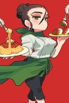  1girl apron ascot black_pants breasts brown_hair caprese_salad chef_uniform earrings food fork gashi-gashi green_eyes hair_bun highres holding holding_food jewelry looking_at_viewer medium_breasts original pants pasta plate sauce shirt simple_background spaghetti tray white_shirt 