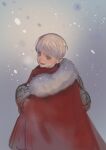  1boy cloak fur-trimmed_cloak fur_trim grey_eyes grey_hair highres holding holding_sack looking_at_viewer male_focus mittens nishiki_areku original parted_lips red_cloak red_scarf sack scarf short_hair sketch smile snow snowing solo 