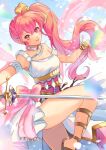1girl bangs bracelet dancer dancer_(three_houses) dress fire_emblem fire_emblem:_mystery_of_the_emblem hair_ribbon highres holding holding_sword holding_weapon jewelry lips long_hair looking_at_viewer necklace phina_(fire_emblem) pink_eyes pink_hair ponytail ribbon sandals solo sword thighs wawatiku weapon