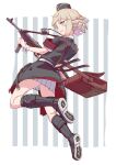  1girl bag blonde_hair blue_eyes boots camera commentary_request from_behind full_body girls_frontline grin gun hat highres holding holding_gun holding_weapon hybird military military_hat military_uniform mp41 mp41_(girls_frontline) short_hair short_sleeves shoulder_bag smile solo striped striped_background submachine_gun trigger_discipline uniform weapon wehrmacht wrist_cuffs 