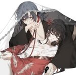  black_hair breasts bridal_veil closed_eyes couple female_saniwa_(touken_ranbu) highres japanese_clothes large_breasts long_hair miko oodenta_mitsuyo red_eyes saniwa_(touken_ranbu) touken_ranbu veil 