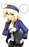  1girl absurdres aikir_(jml5160) andou_(girls_und_panzer) bag bangs bc_freedom_(emblem) black_pants blonde_hair blue_eyes blue_headband blue_jacket carrying character_doll character_print commentary constricted_pupils emblem eyebrows_visible_through_hair frown girls_und_panzer gloom_(expression) handbag headband highres jacket long_sleeves looking_at_viewer medium_hair messy_hair open_clothes open_jacket open_mouth oshida_(girls_und_panzer) otaku pants print_shirt shirt simple_background solo speech_bubble sweat t-shirt white_background white_shirt 