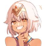  +++ 1girl bangs bare_shoulders blush brown_eyes circlet commentary_request commission dark-skinned_female dark_skin eyebrows_visible_through_hair grin hair_between_eyes hair_flaps hand_up highres indie_virtual_youtuber looking_at_viewer red_eyes sample selphy_(vtuber) short_hair simple_background skeb_commission smile sofra solo virtual_youtuber white_background white_hair 