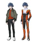  1boy artist_request black_pants blue_hair clenched_hand green_jacket gundam gundam_seed gundam_seed_eclipse hand_on_hip jacket looking_to_the_side male_focus official_art orange_eyes orange_shirt pants pilot_suit shirt shirt_tucked_in smile tatsumi_hori transparent_background variations white_footwear 