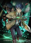  2boys aoi_itsuki armor belt blue_hair chrom_(fire_emblem) cityscape collared_shirt company_name daigoman fire_emblem fire_emblem_cipher holding holding_sword holding_weapon looking_at_viewer multiple_boys necktie night outdoors shirt sword tokyo_mirage_sessions_fe weapon 