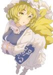  1girl :o animal_ears arms_under_breasts blonde_hair breasts dress fox_ears fox_tail from_above full_body hat large_breasts leaning_forward light_blush multiple_tails pillow_hat polpol short_hair simple_background sketch solo tabard tail touhou white_background white_dress yakumo_ran yellow_eyes 