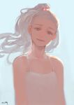  1girl bare_shoulders blue_background brown_eyes collarbone crying crying_with_eyes_open highres long_hair looking_at_viewer nishiki_areku original parted_lips ponytail signature simple_background solo tears upper_body white_hair 