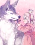  1girl :d amezawa_koma animal_ears blonde_hair blush child copyright_request crown dog_ears dress ears_down flower from_side long_sleeves open_mouth pink_dress princess profile red_flower red_rose rose smile solo wolf 