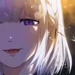  angelia_(girls_frontline) broken_glass close-up commentary_request evil_smile face girls_frontline glass highres inset mush open_mouth rpk-16_(girls_frontline) short_hair smile solo_focus spoilers violet_eyes white_hair 