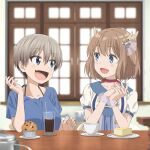  2girls cd_(source) cup disc_cover eye_contact food hands_clasped highres iced_tea indoors kano_(singer) looking_at_another meta muffin multiple_girls official_art own_hands_together uzaki-chan_wa_asobitai! uzaki_hana 