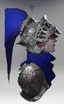  1boy absurdres armor blue_eyes closed_mouth emphasis_lines from_side hair_between_eyes helmet highres male_focus original pauldrons photo-referenced pigeon666 plume profile redhead shoulder_armor smile solo upper_body 