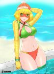  1girl absurdres arms_(game) bangs beach beanie bikini blonde_hair blue_eyes blunt_bangs breasts domino_mask facepaint green_eyes hat highres kaos_artgx knit_hat looking_at_viewer mask min_min_(arms) short_hair solo super_smash_bros. swimsuit water 